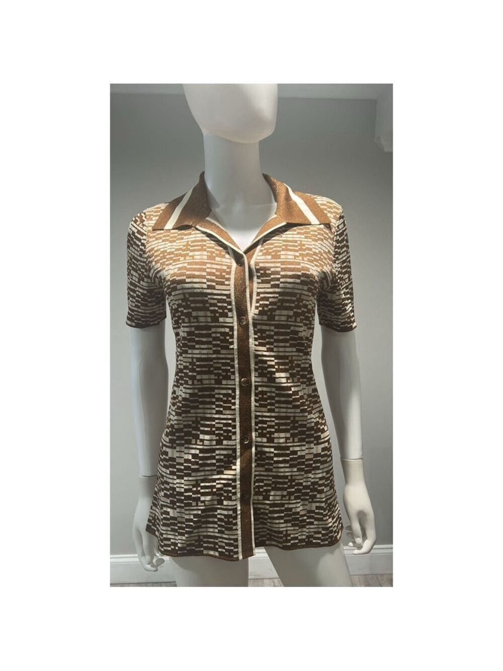ALEMAIS Brown & White Stefanie Knit Button Down Shirt, Size 6 - Picture 8 of 14